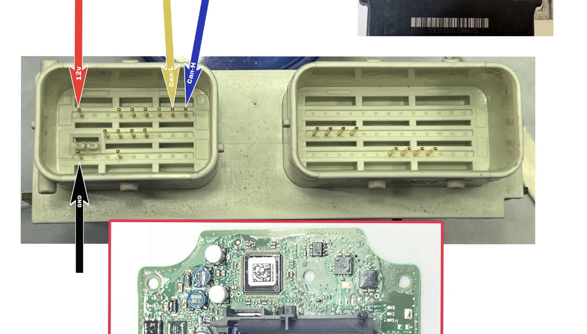 Ligação de 12 V, GND, CAN H e CAN L para comunicação com o módulo em bancada.